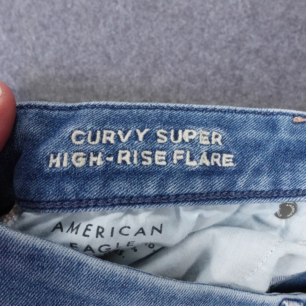 American Eagle Curvy Super High-Rise Flare Distressed Jeans Light Wash Blue - Picture 3 of 13